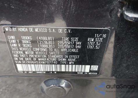 2017 Honda Hr-V Ex from USA, damaged, VIN 3CZRU6H5XHM707740